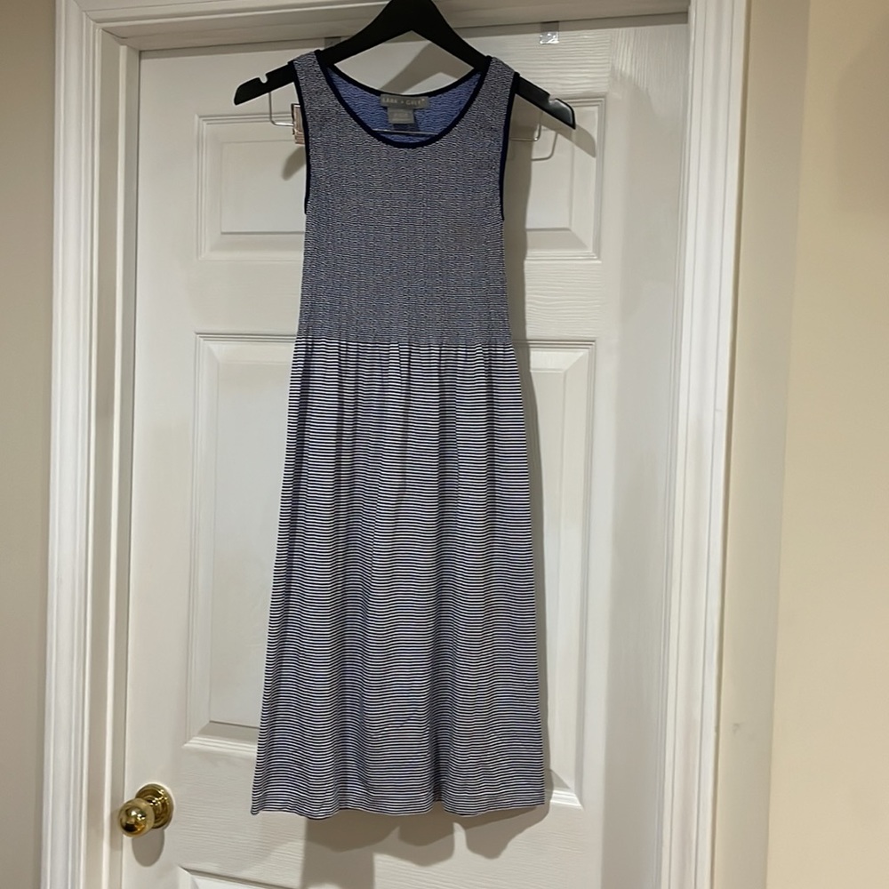 Lark + Grey  Smocked navy blue and white striped summer dress Size L/XL